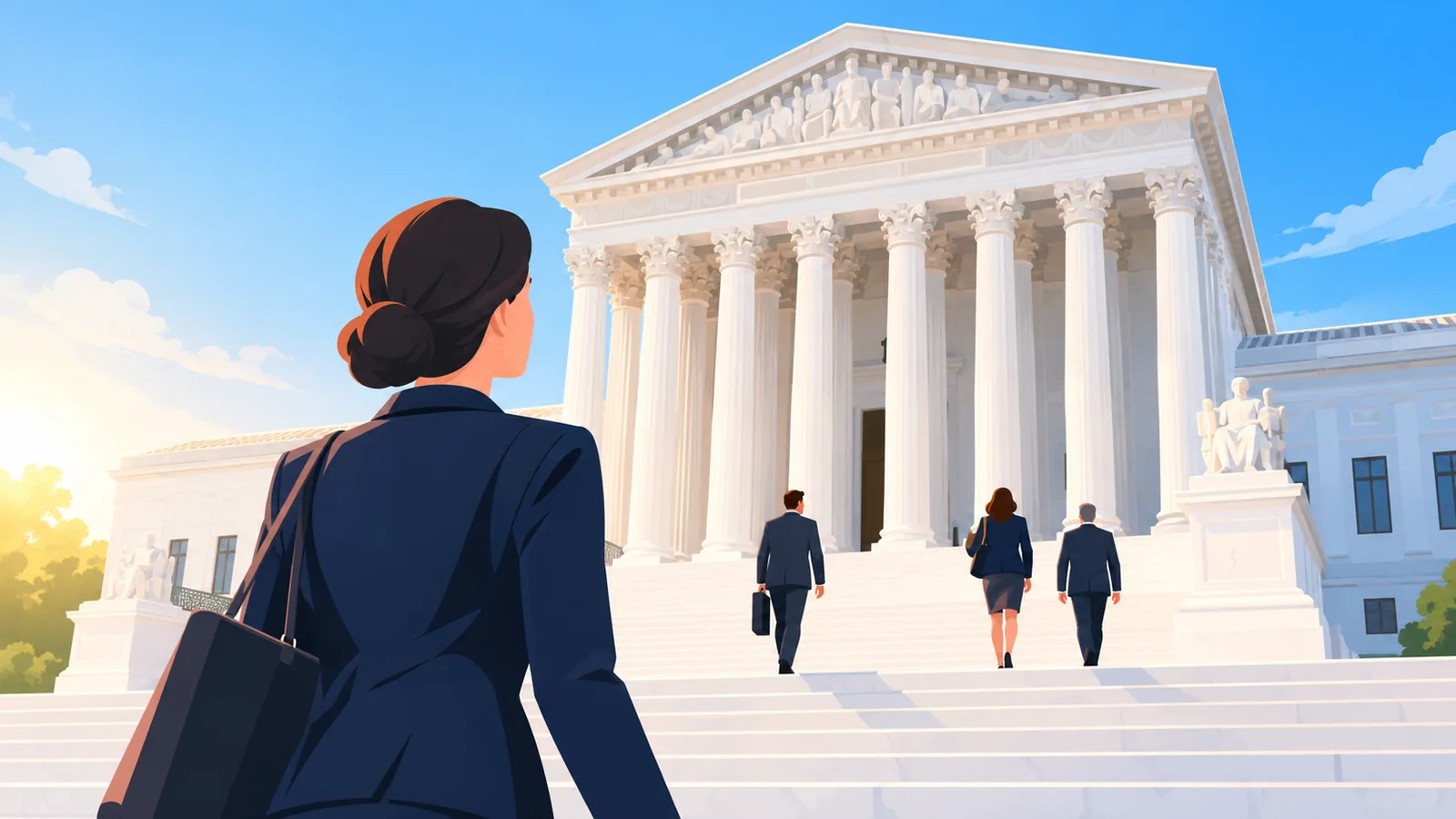The U.S. Supreme Court building at sunrise with attorneys climbing the steps