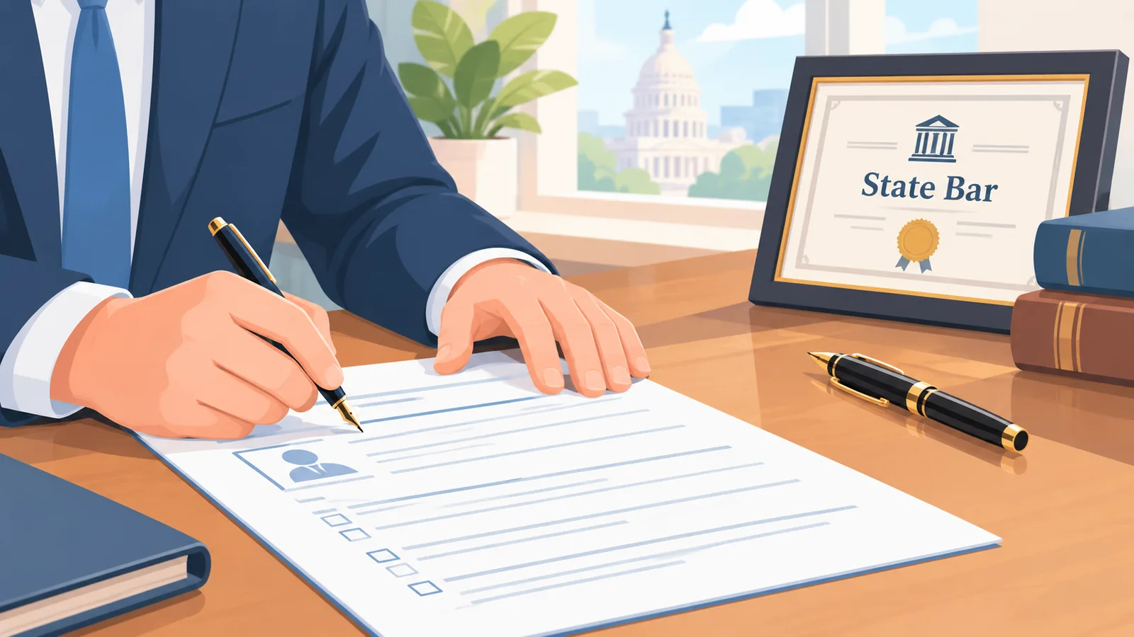 An attorney completing a bar admission application at a desk