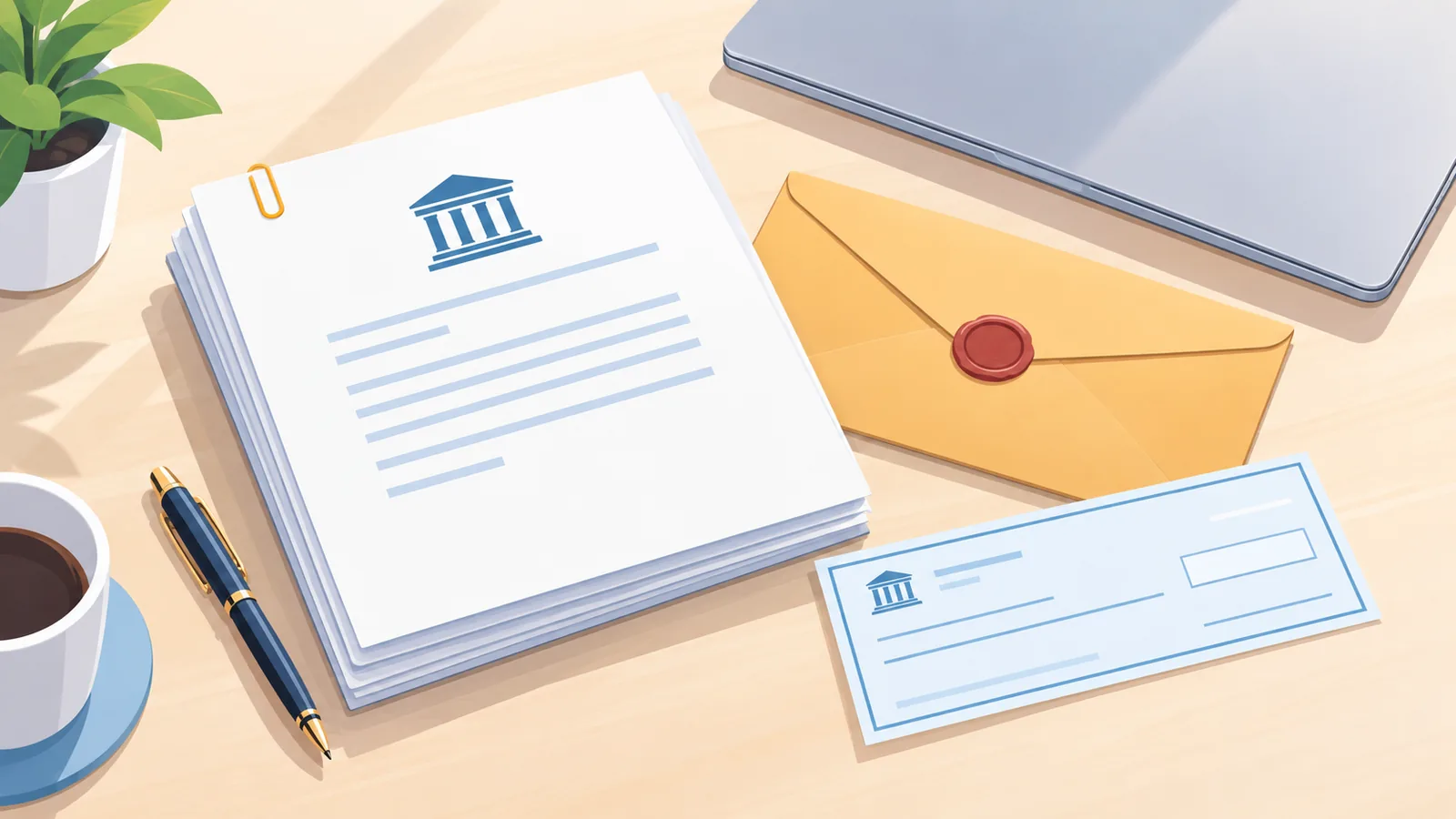 Application documents, envelope, and check arranged on a desk