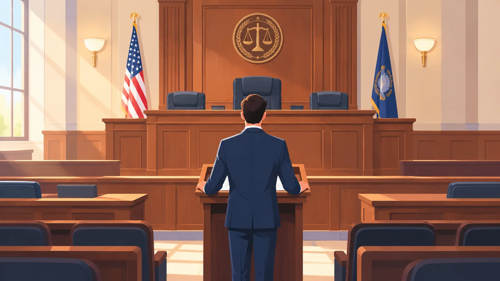 A lawyer at a podium facing the bench in a historic courtroom
