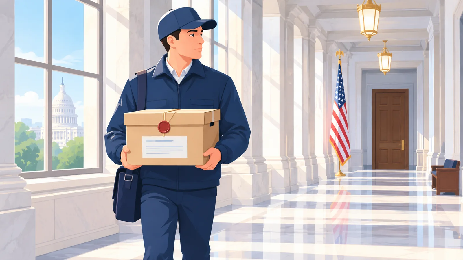 A courier delivering a box of court filings down a marble corridor