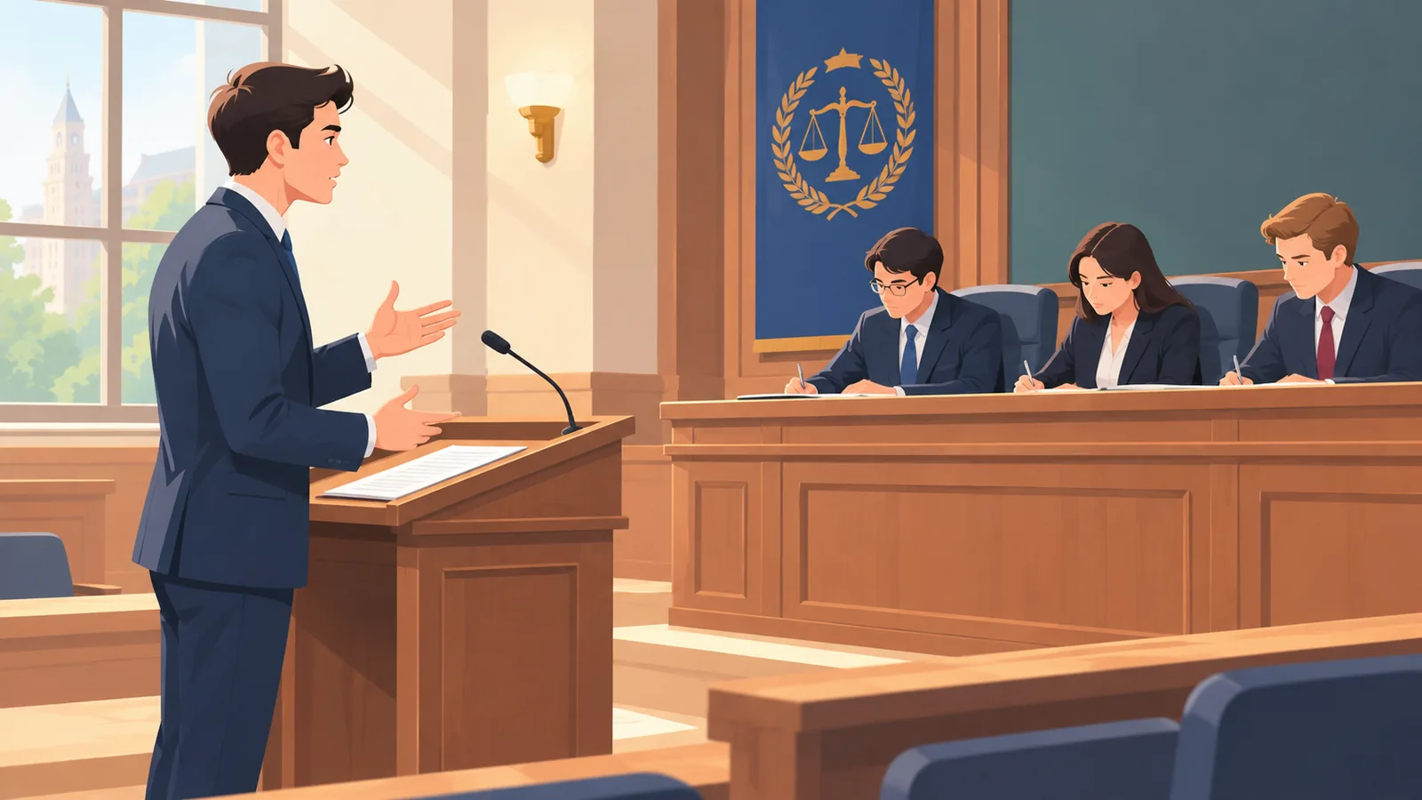 A lawyer practicing oral argument in a moot court