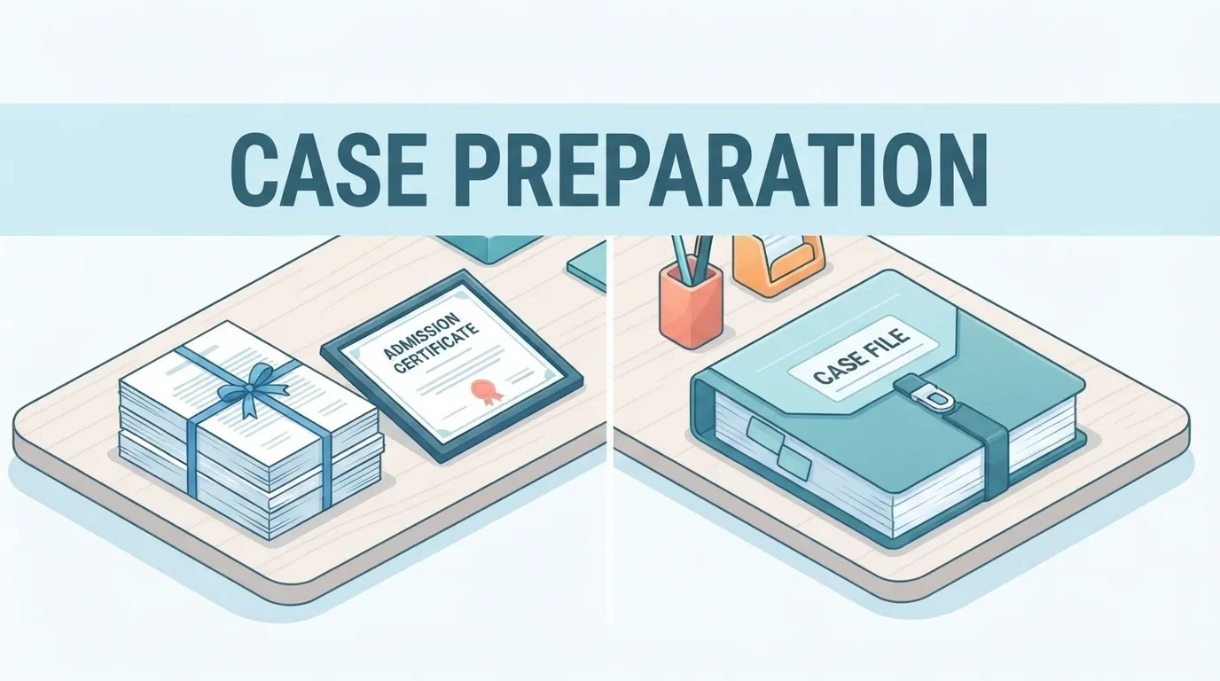 An admission certificate and a case file side by side on a desk