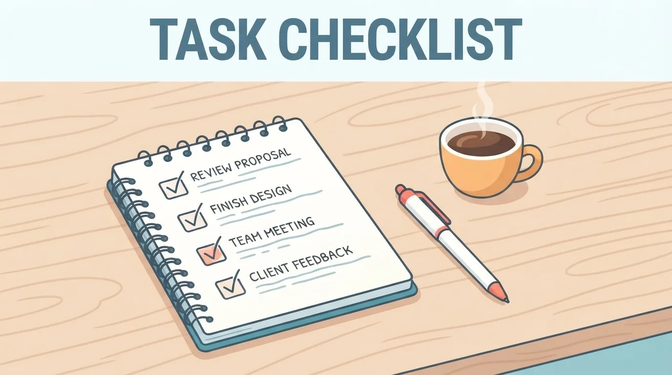 A handwritten checklist in a notebook on a wooden table