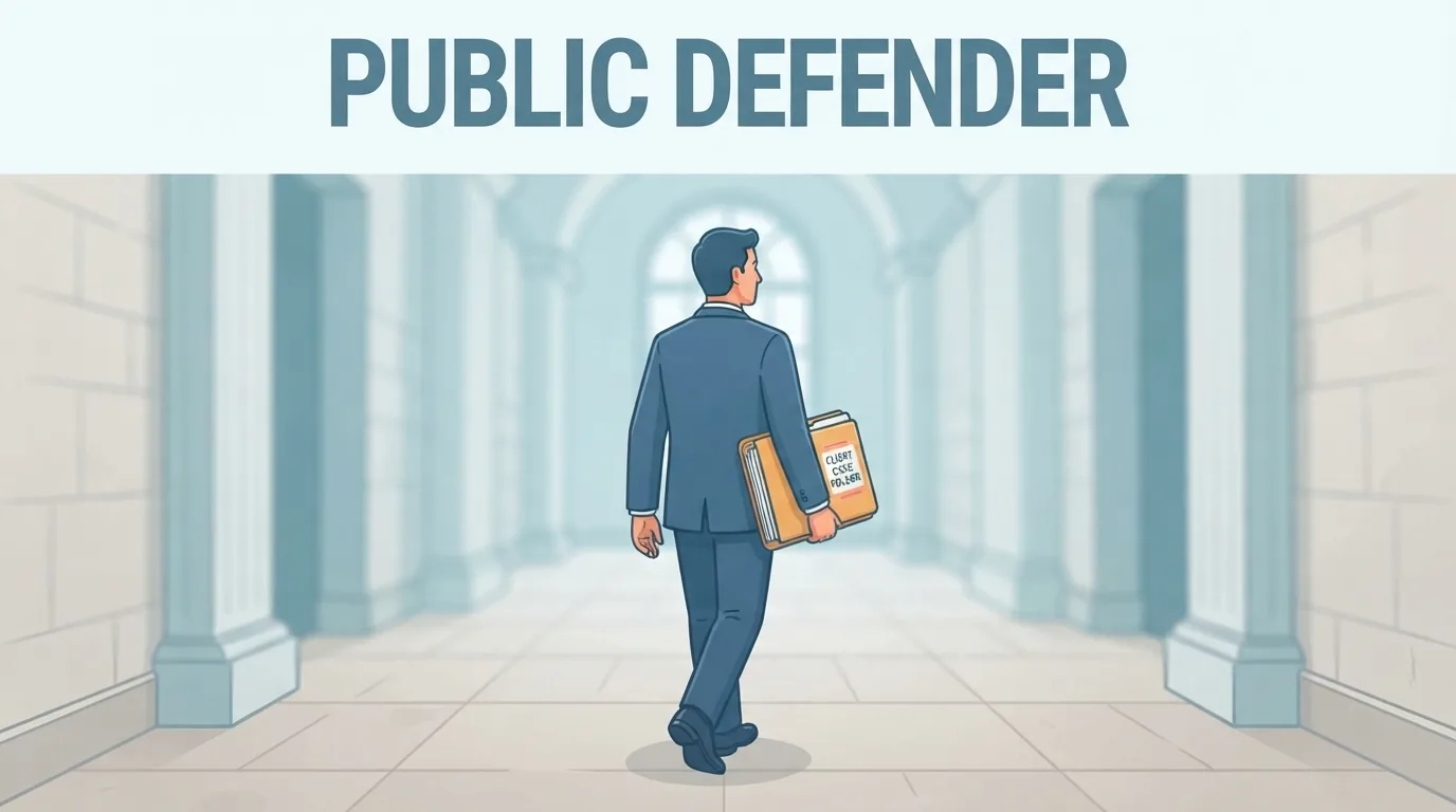A public defender walking through a courthouse hallway with a case file