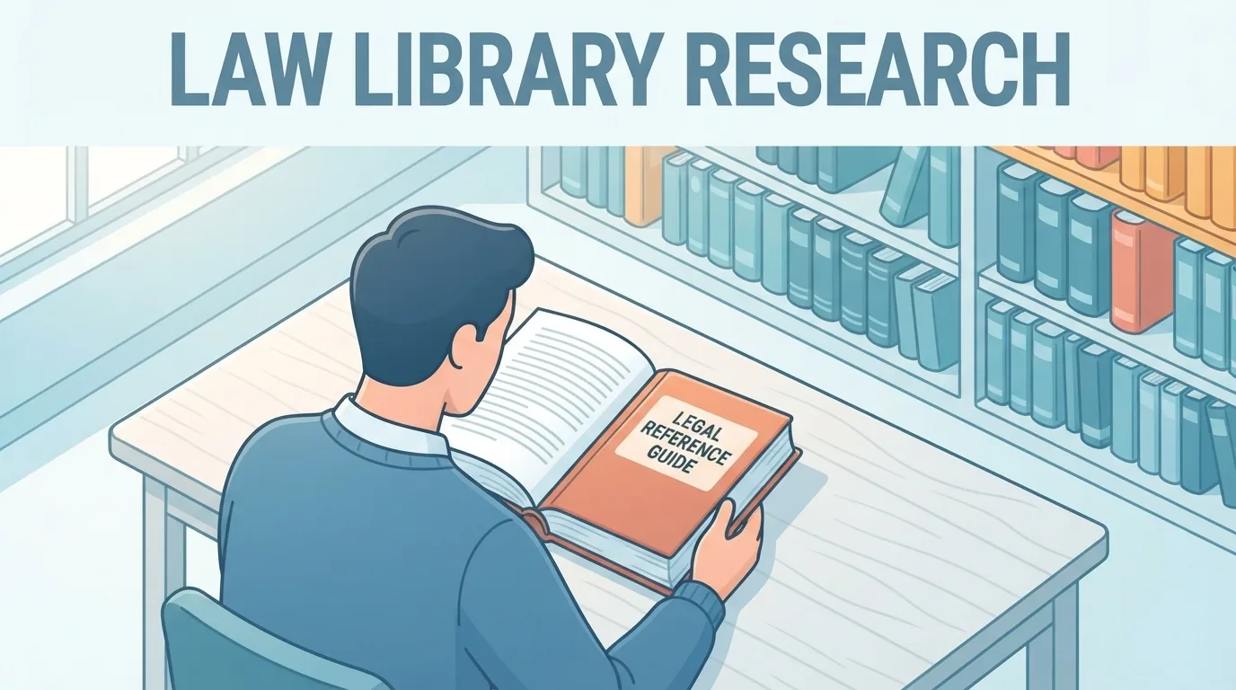 A reader studying a legal guide in a law library