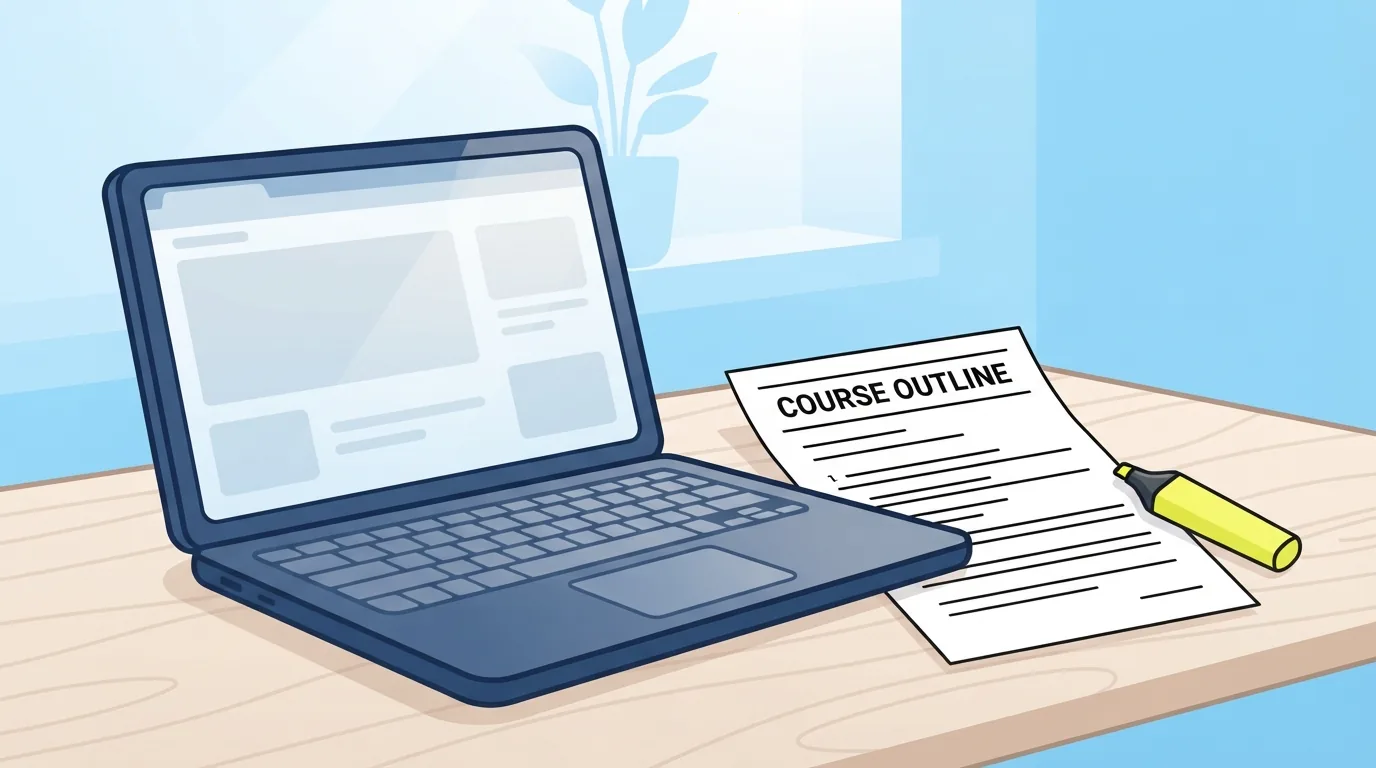 Laptop and printed course outline on a library desk