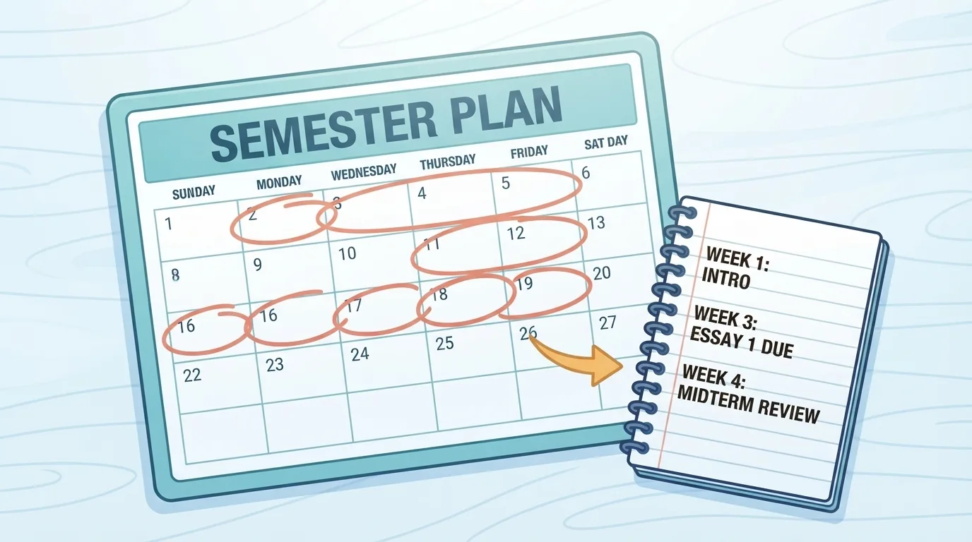 Semester calendar with the first weeks circled