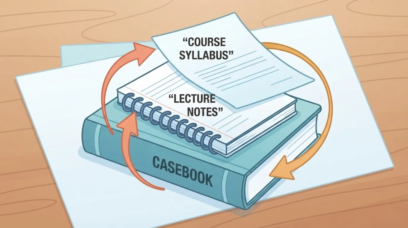 Lecture notes, syllabus, and casebook on a table