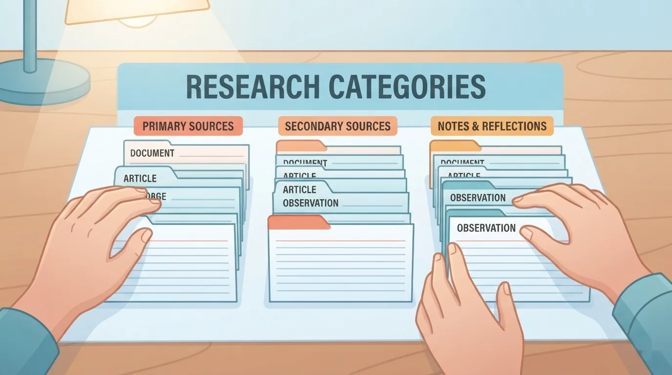 Hands sorting index cards into topic columns