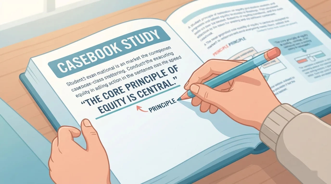 Student underlining a sentence in a casebook