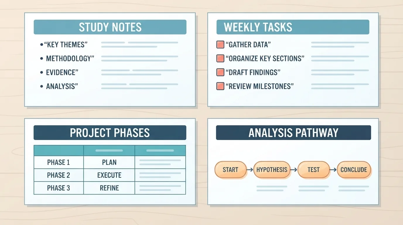 Four different outline formats laid out on a desk