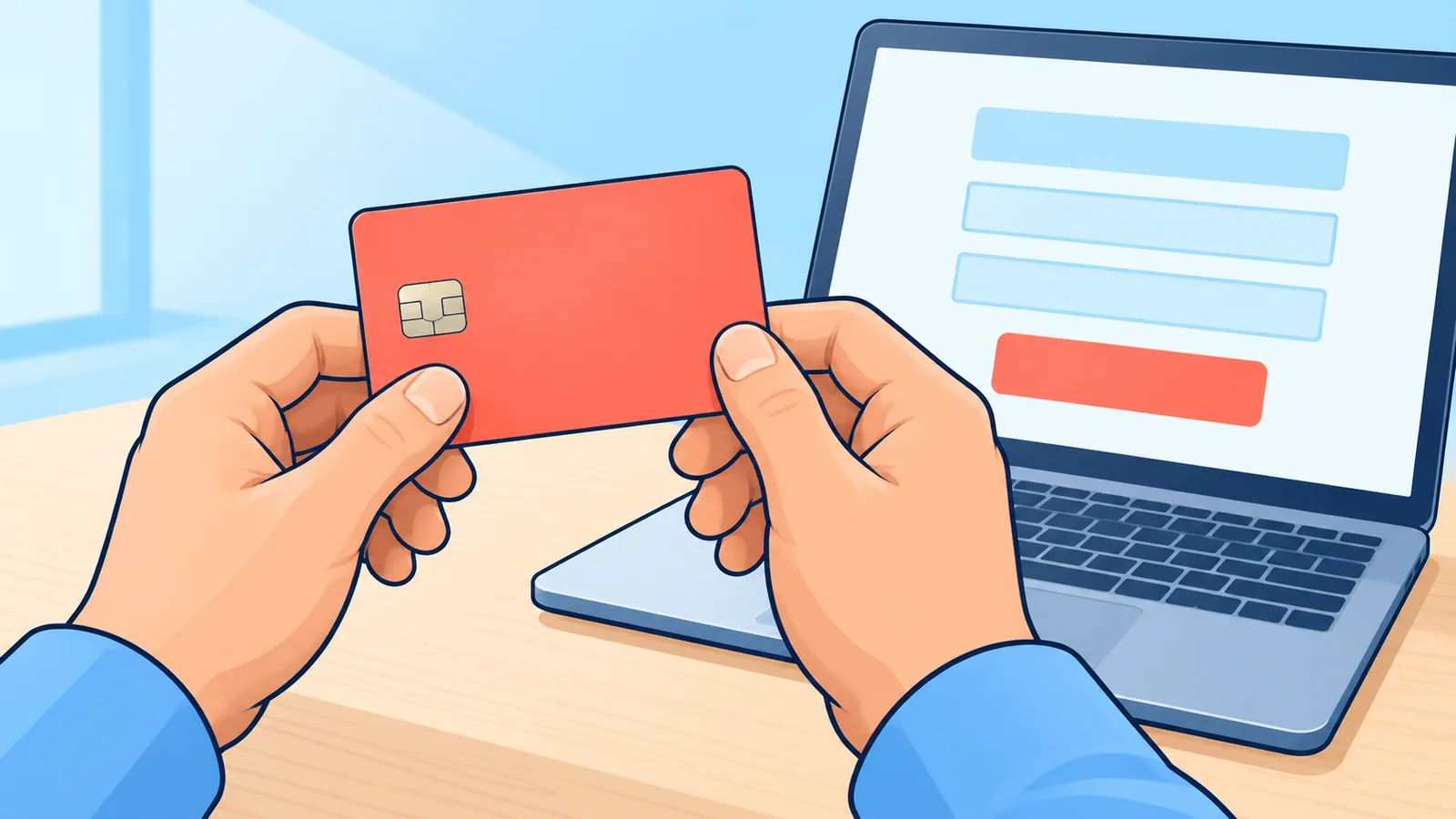 Hands holding a bank card beside a laptop with a loan application page
