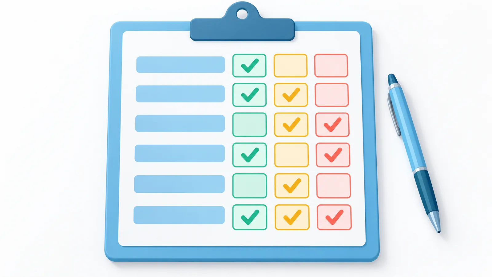 Clipboard scorecard with green, amber and red marks