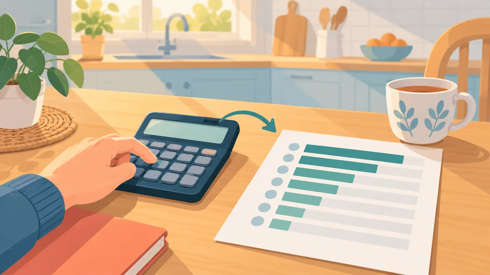 Calculator and repayment schedule on a kitchen table