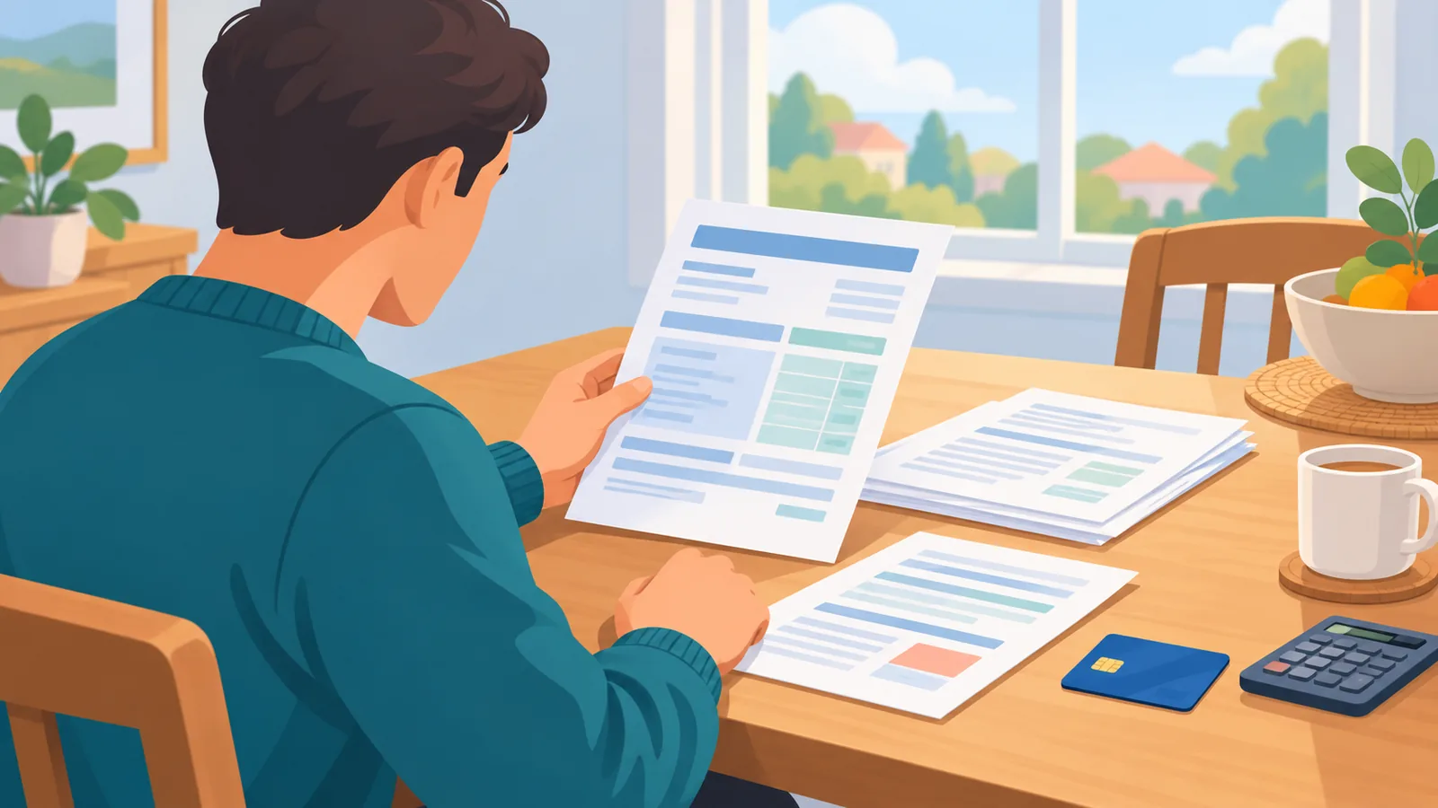 Person reviewing income paperwork at a dining table