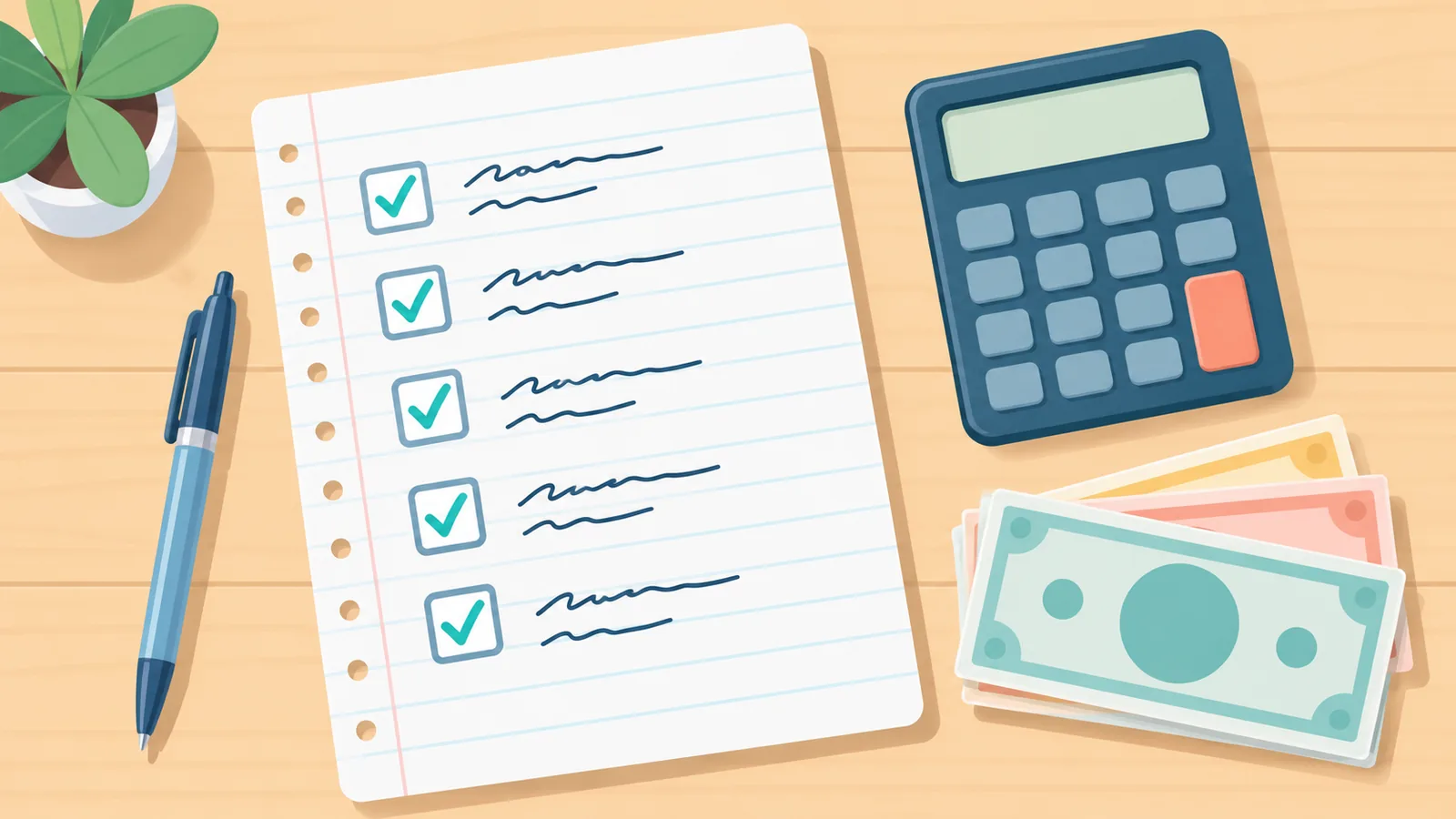 Handwritten checklist with ticked boxes beside bills