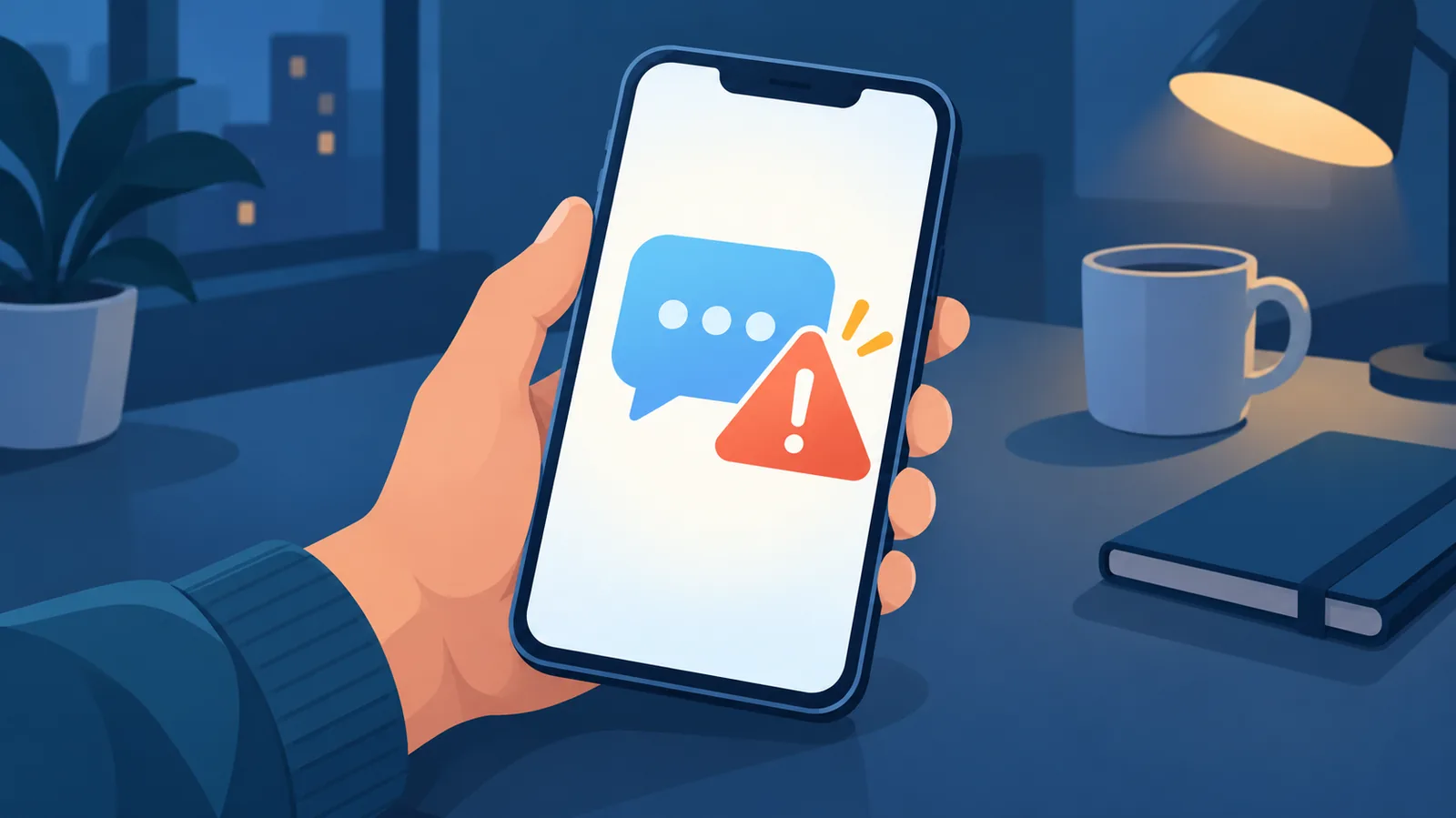 Phone showing a suspicious message warning icon