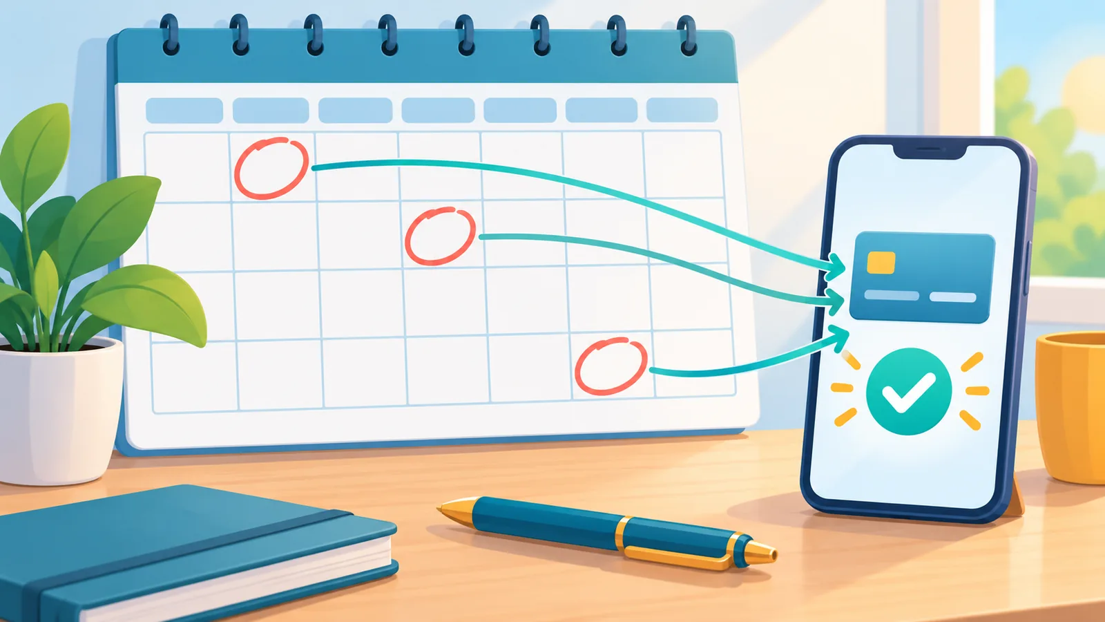 Calendar with circled payment dates beside a phone
