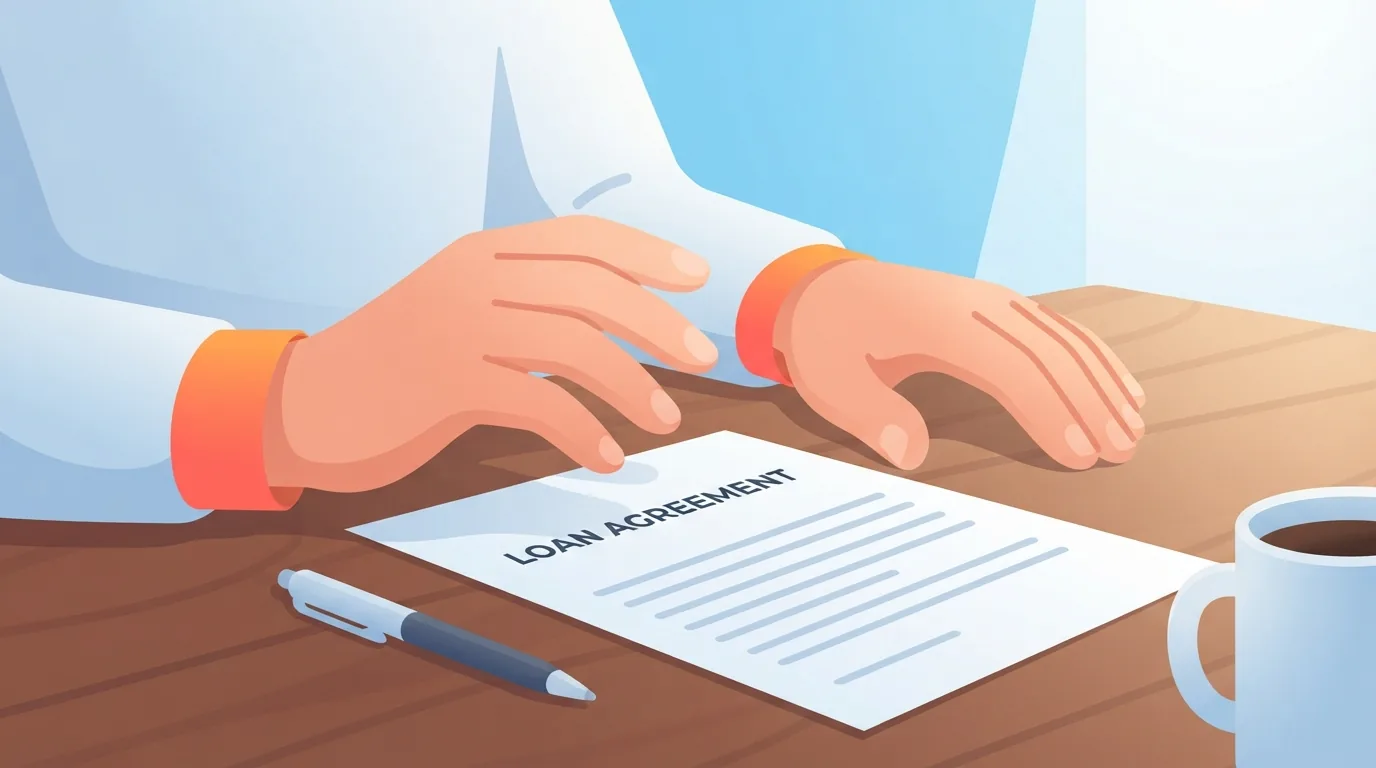Hands resting on a loan agreement at a kitchen table