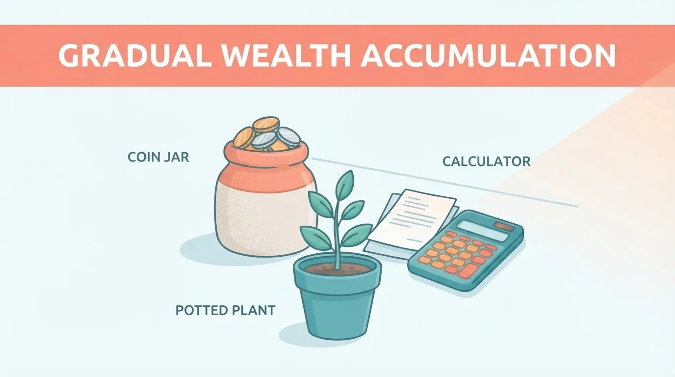 Potted plant next to a jar of coins and a calculator