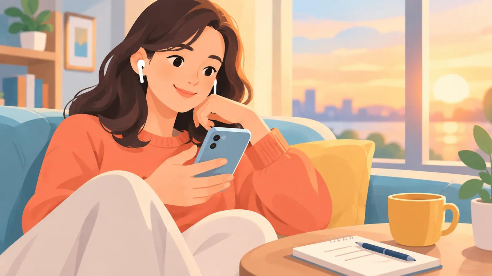 Woman smiling at her phone while choosing a love song for her partner
