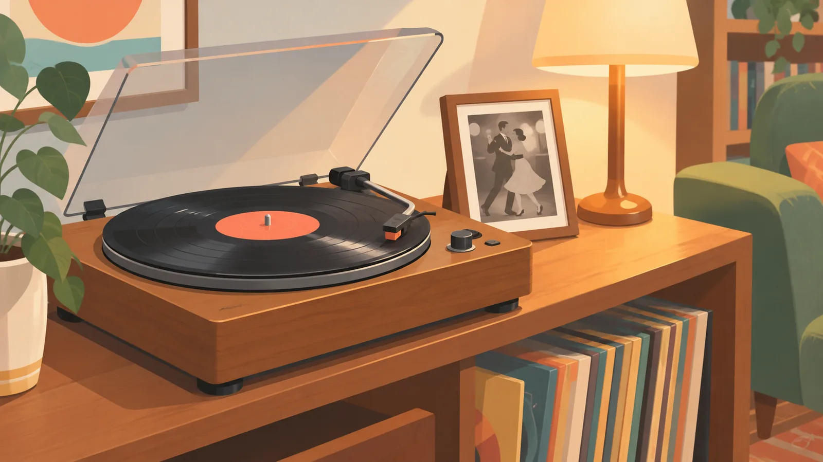 Vinyl record spinning beside a framed photo of a dancing couple