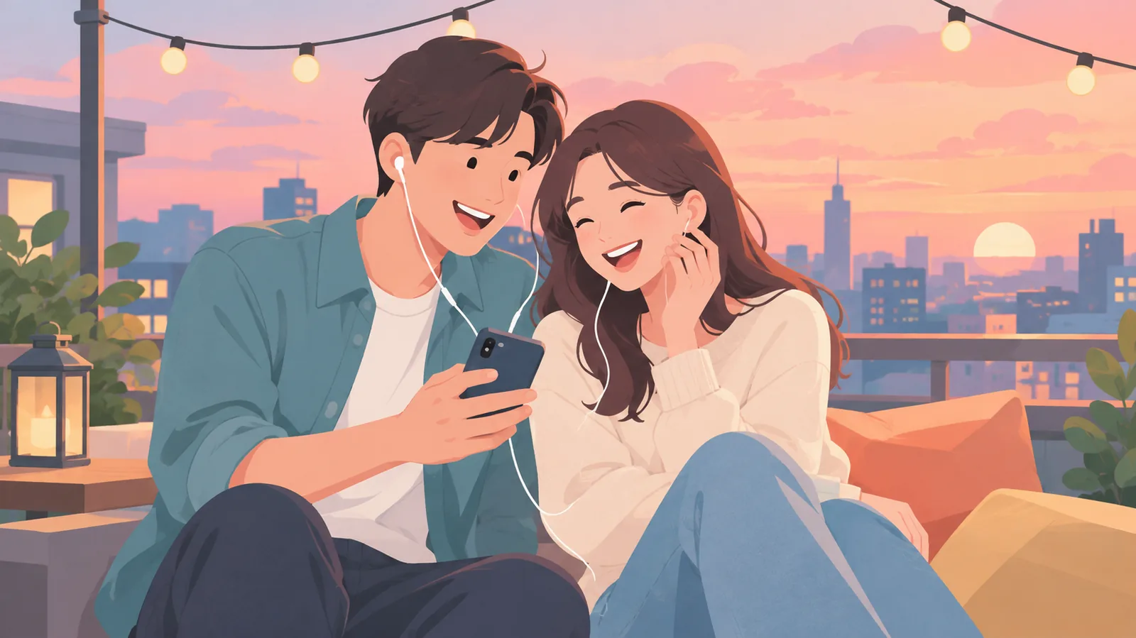 Couple sharing earbuds and listening to a modern love song on a rooftop