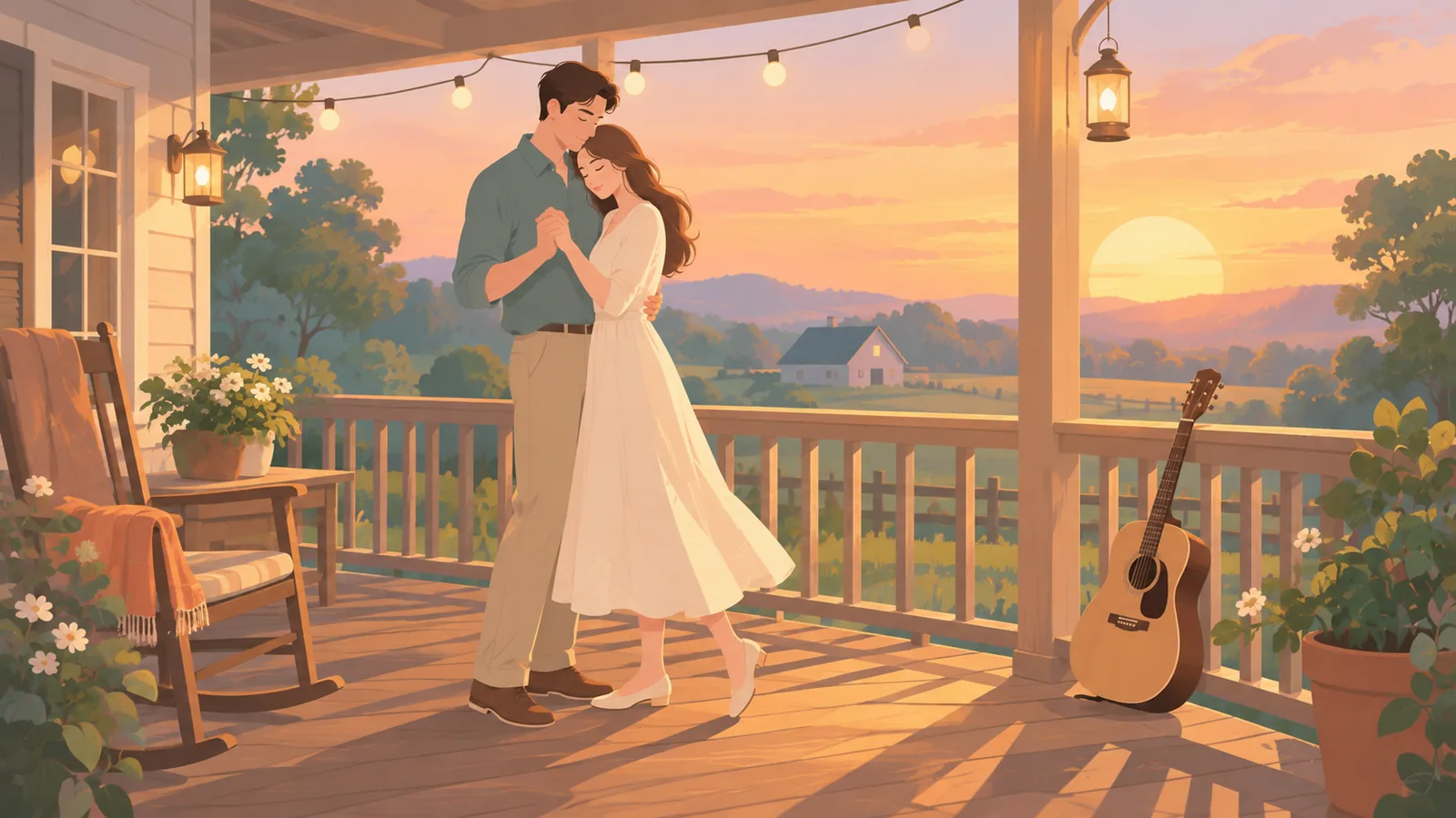 Couple slow dancing on a country porch at sunset