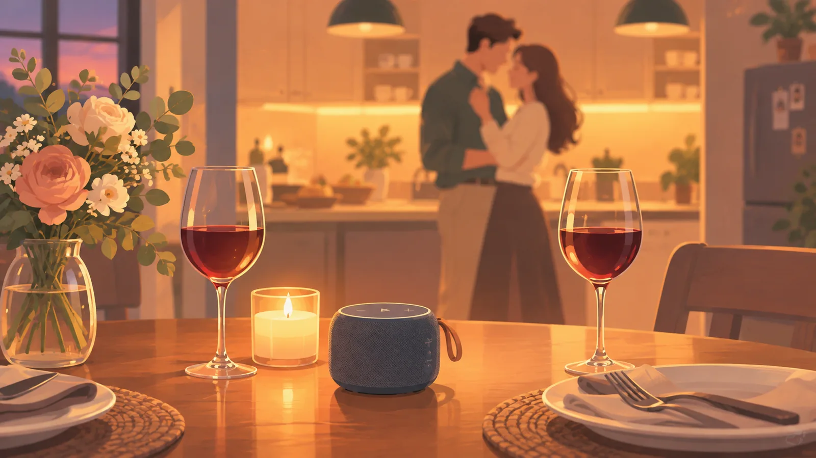Candlelit dinner table with a small speaker and a couple dancing in the kitchen