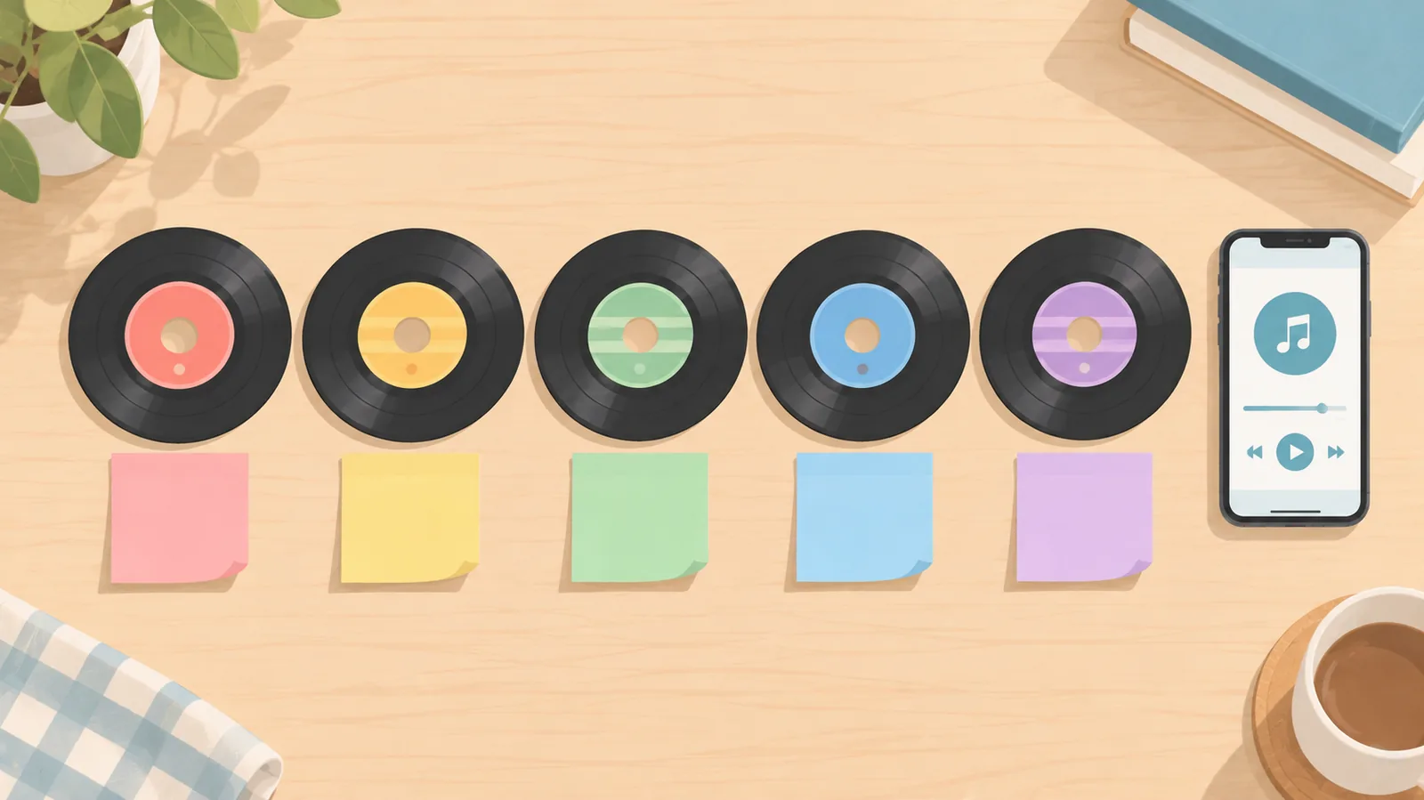 Row of records with colored notes comparing love song categories