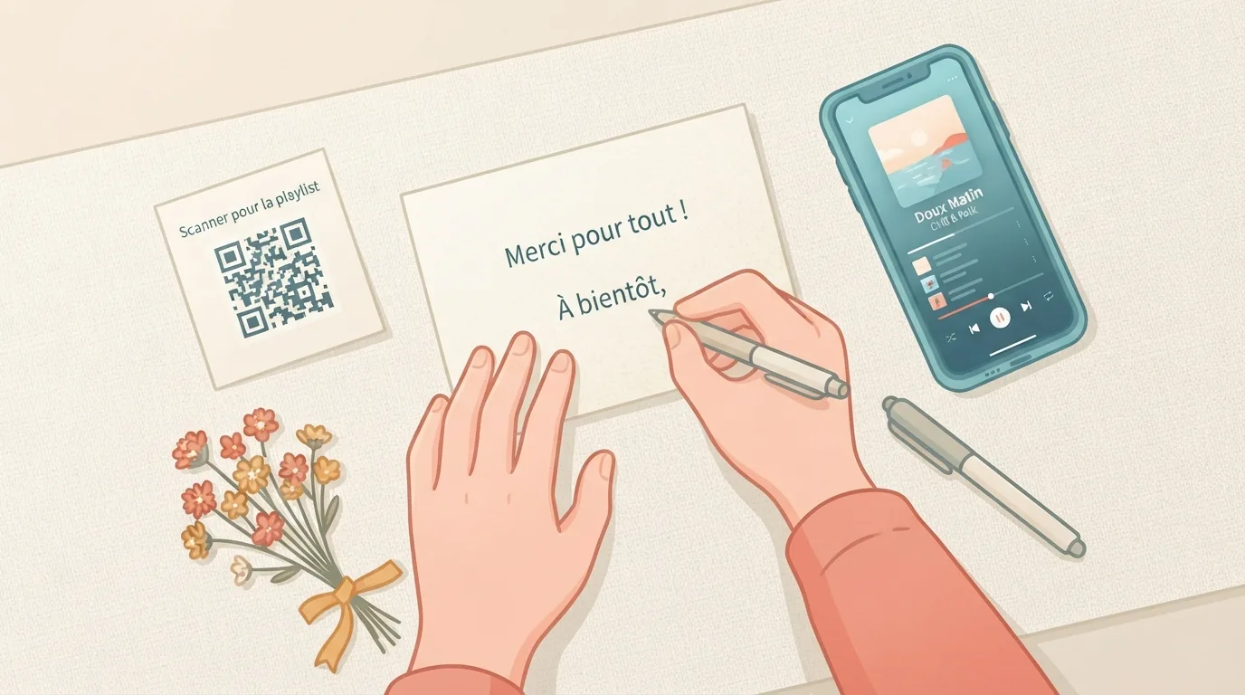Handwritten card with a playlist link and QR code for a love song gift