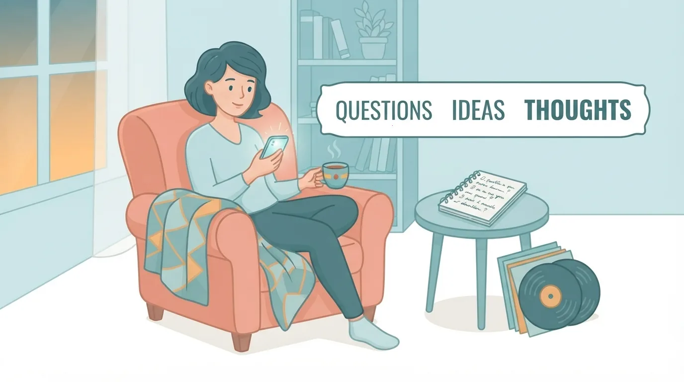 Woman in a cozy nook looking up answers about love songs