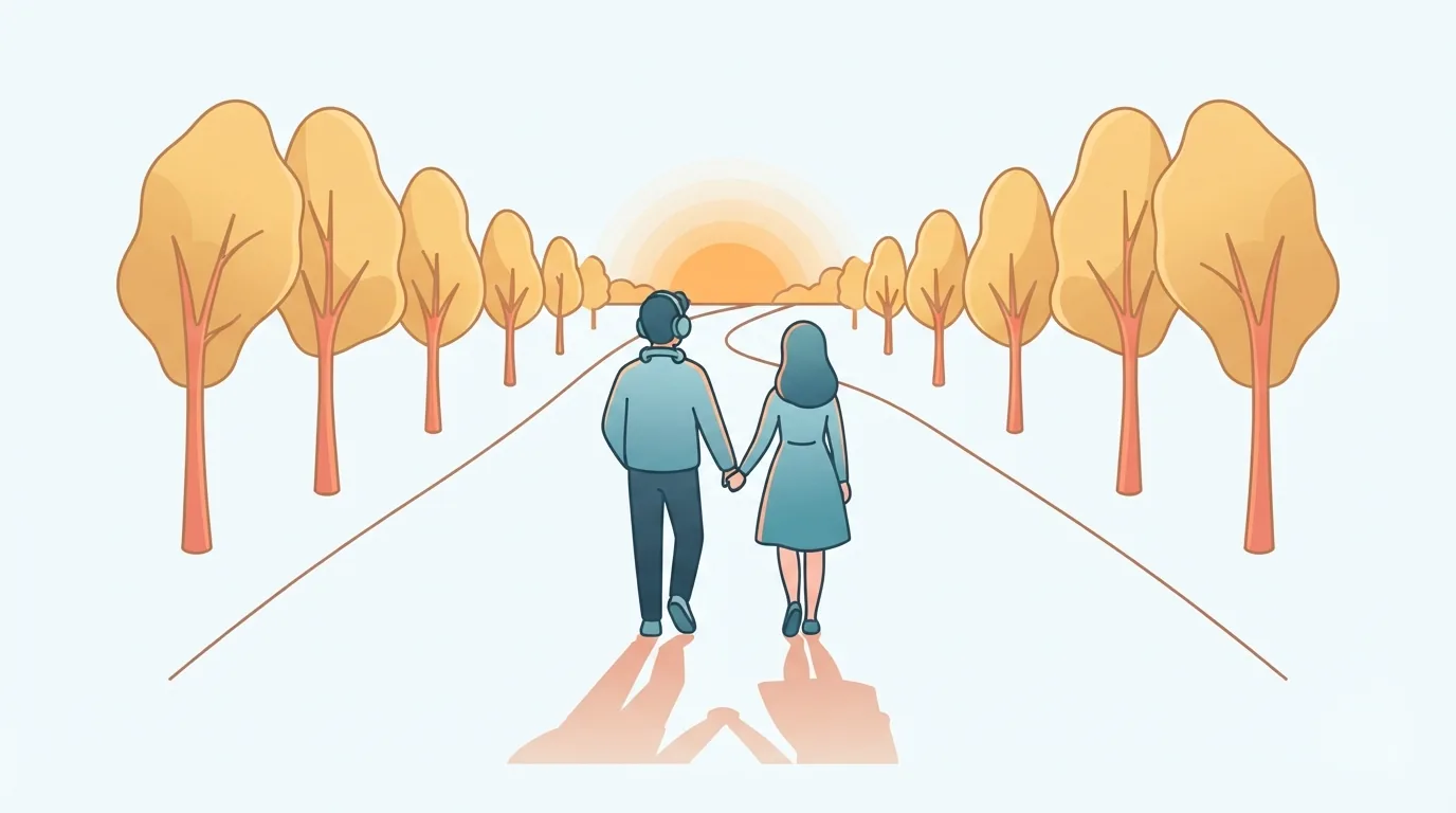 Couple walking hand in hand at sunset