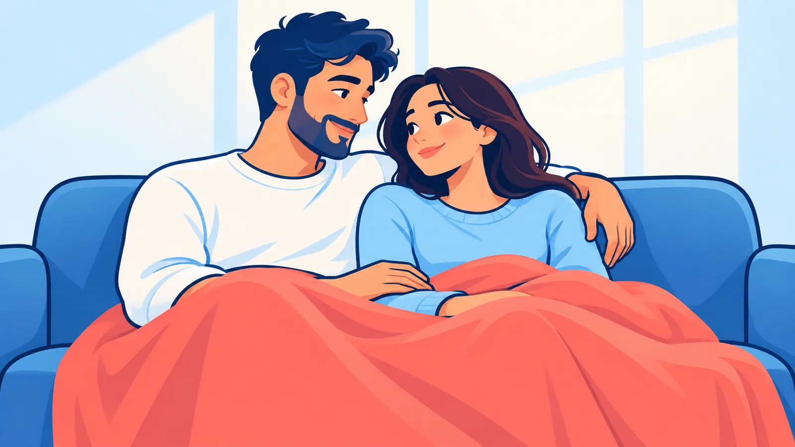 Two people sharing a blanket on a sofa and smiling at each other