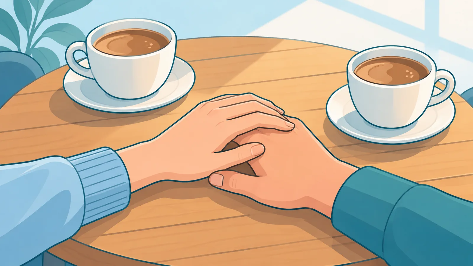 Two hands resting together on a cafe table beside coffee cups