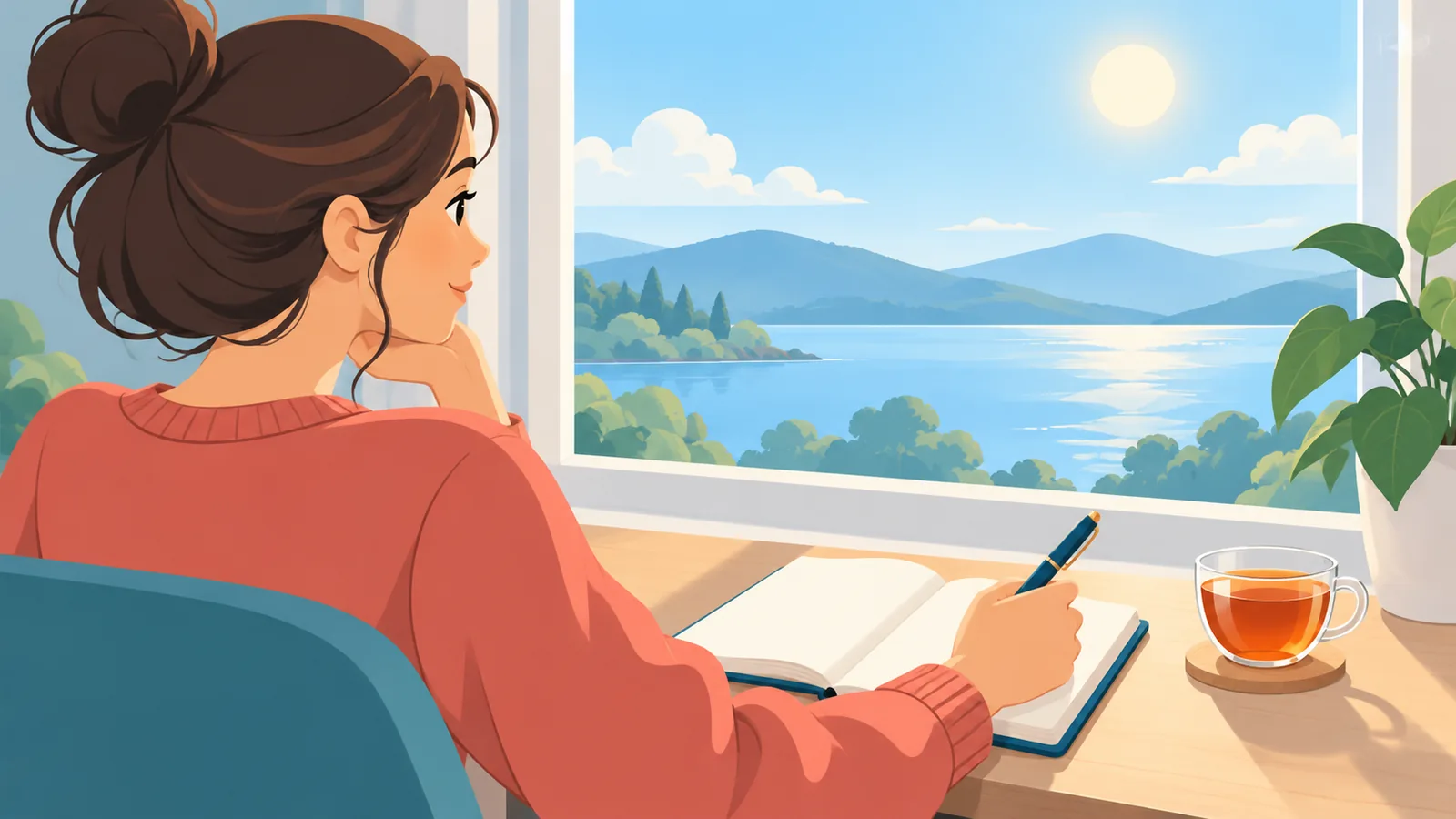 Person writing thoughtfully in a notebook by a window