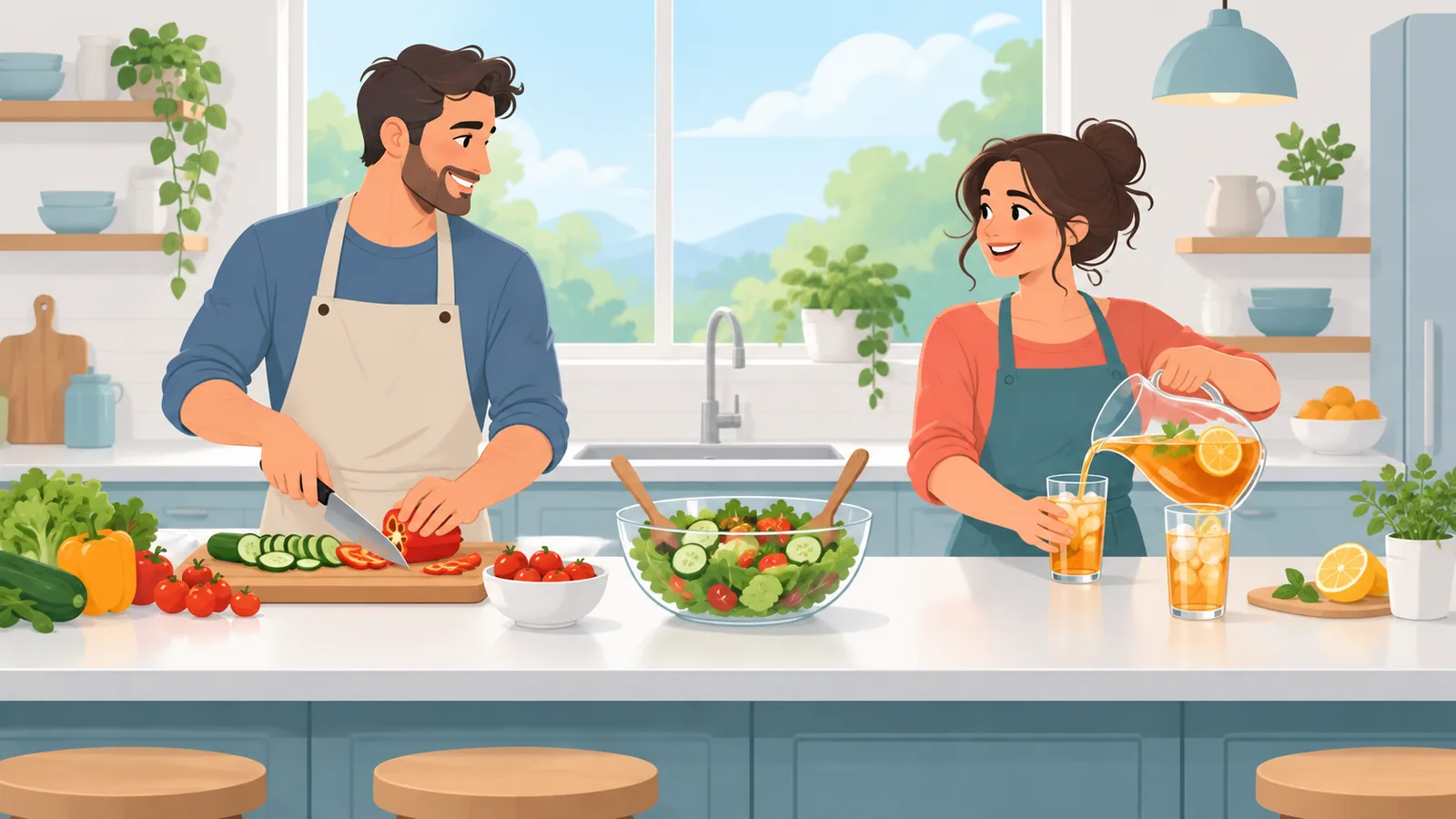 Couple cooking together in a bright kitchen