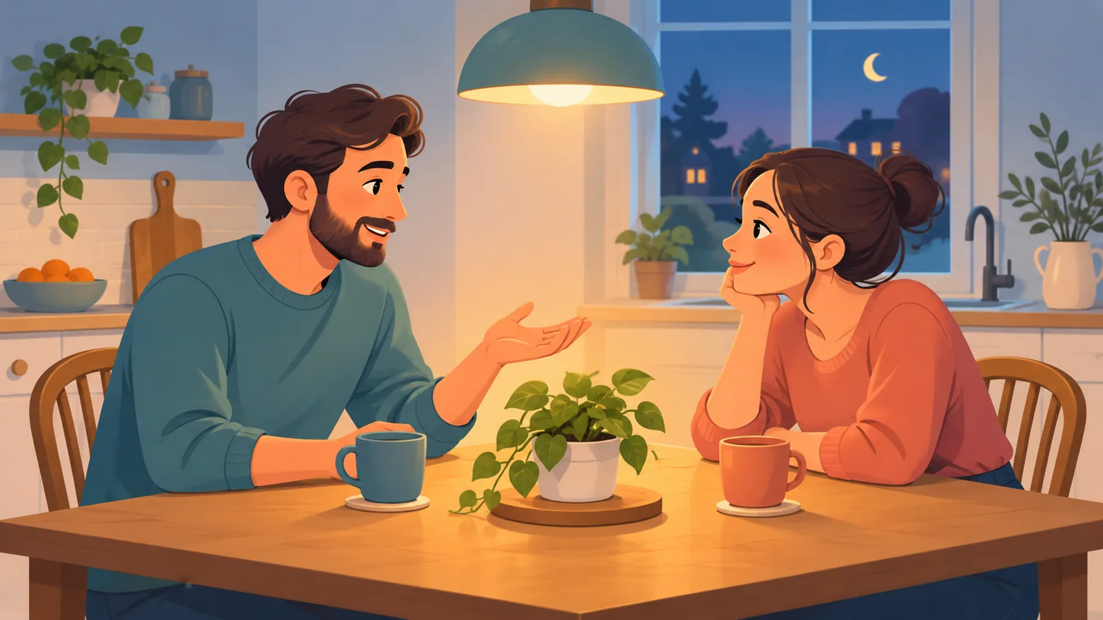 One person openly sharing a need with an attentive partner at a table