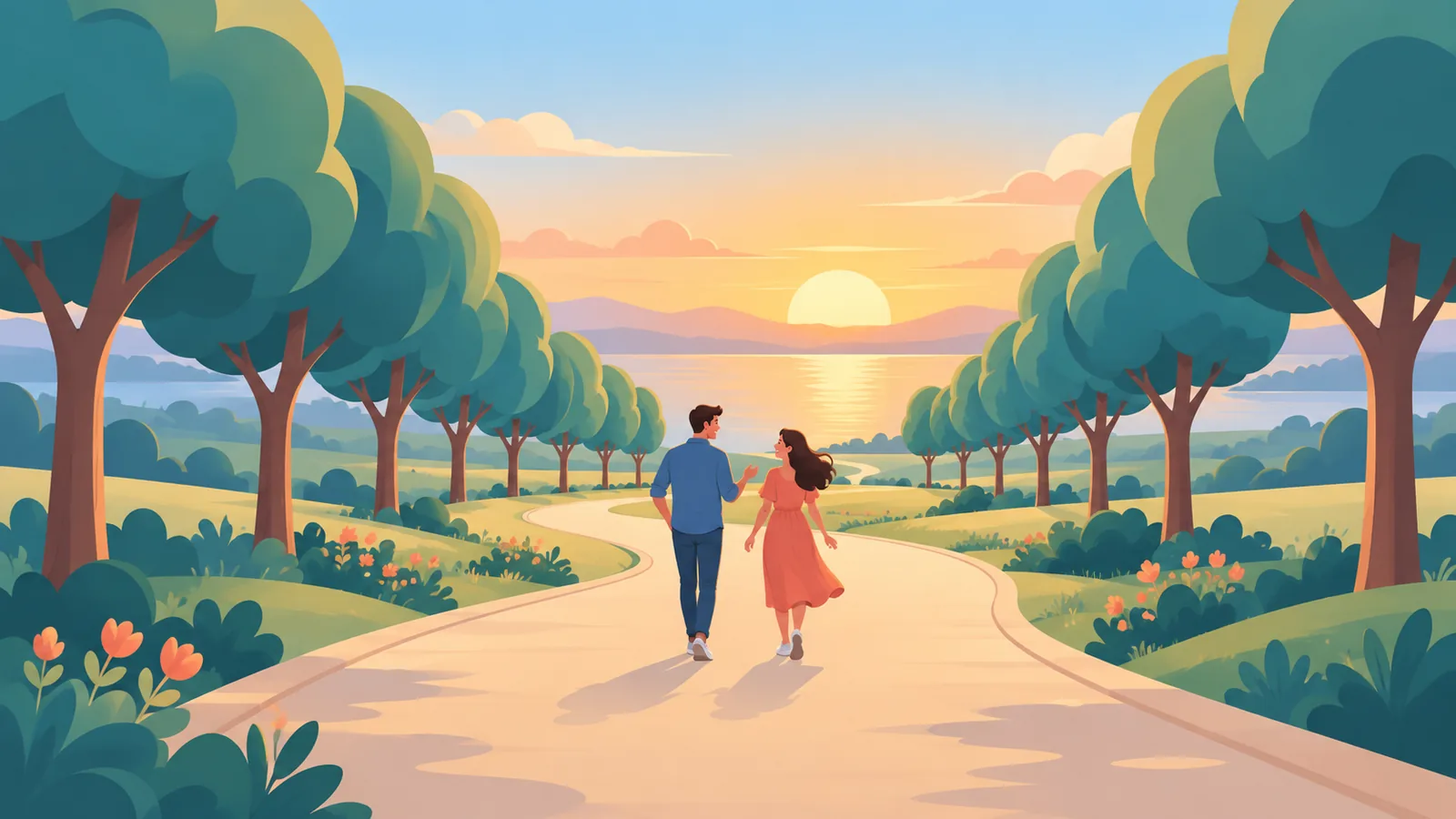 Couple chatting while walking along a tree-lined path