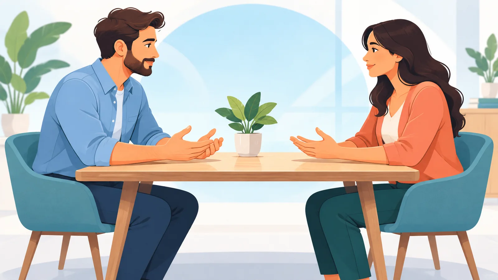 Two people calmly talking through a disagreement at a table