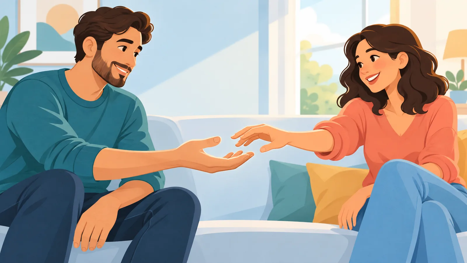 One person offering an open hand and the partner choosing to take it