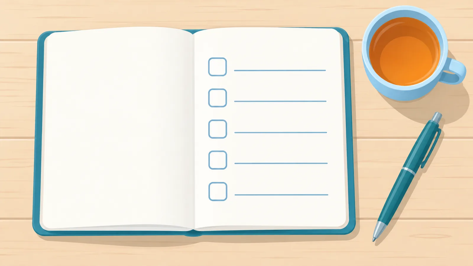 Notebook with a checklist, pen, and mug of tea on a desk