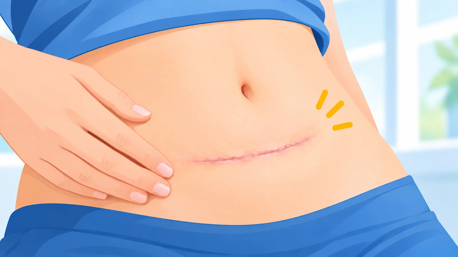 Close-up of a healing surgical scar on the abdomen