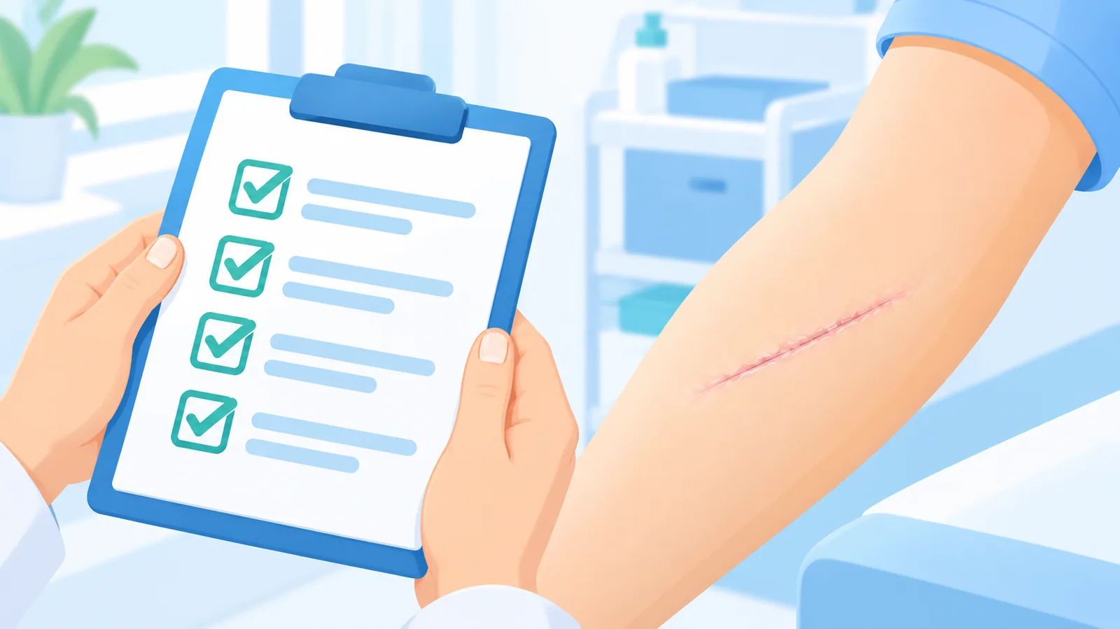 Safe-use checklist held next to a fully closed incision
