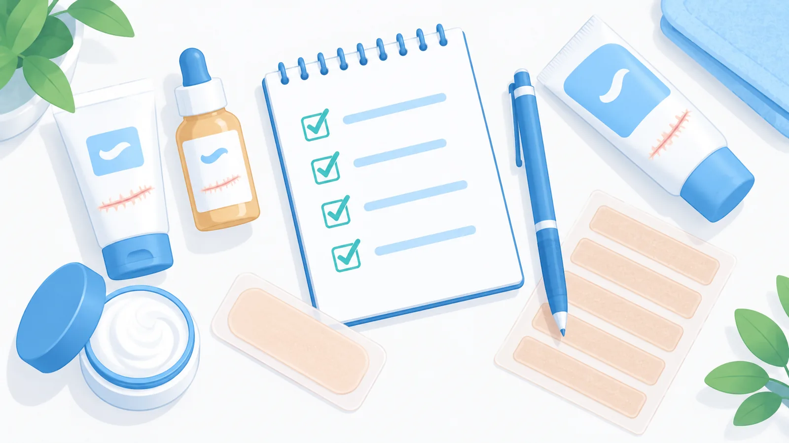 Scar care products and notepad laid out for comparison