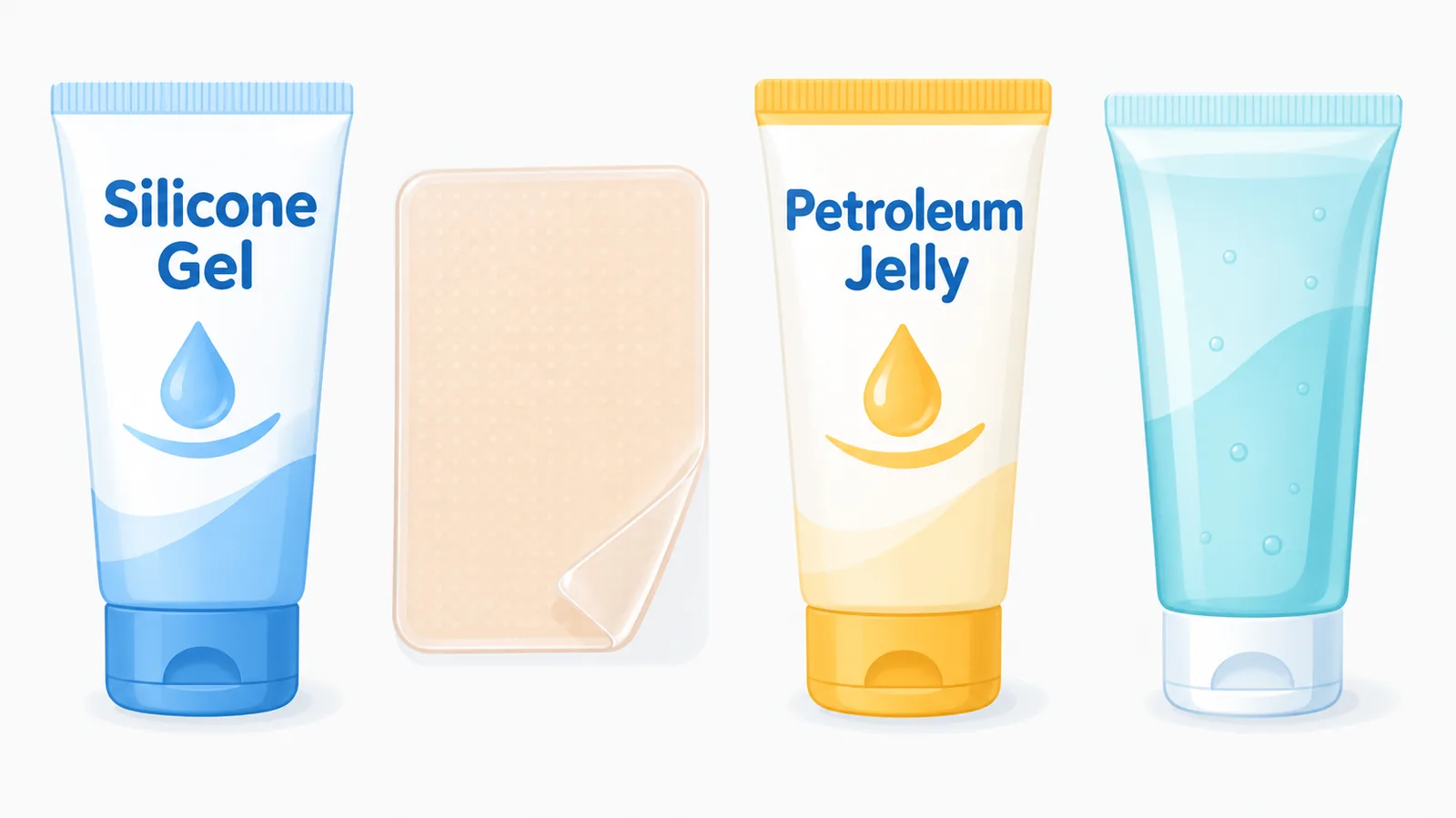 Silicone gel, silicone sheet, petrolatum, and onion extract gel side by side