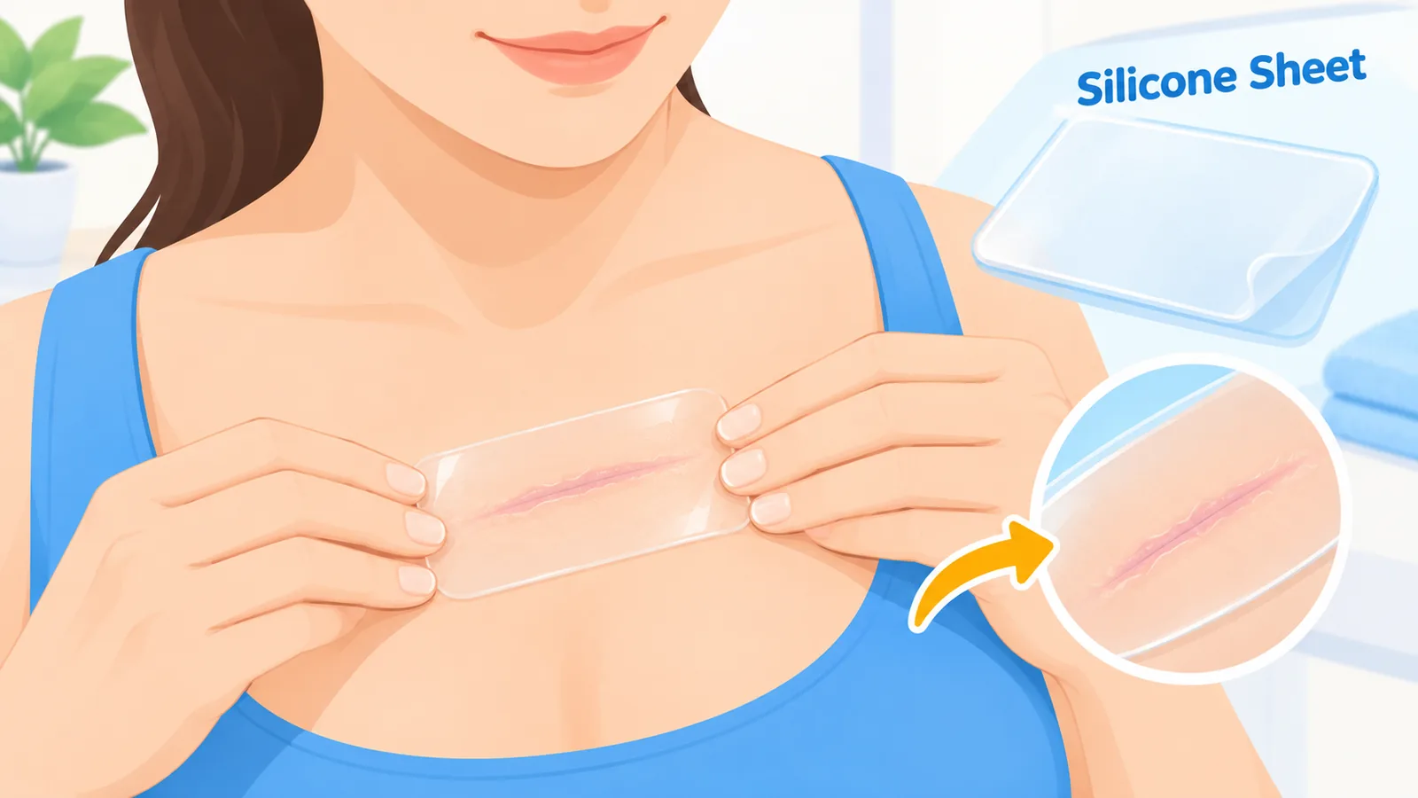 Silicone sheet being placed over a raised chest scar