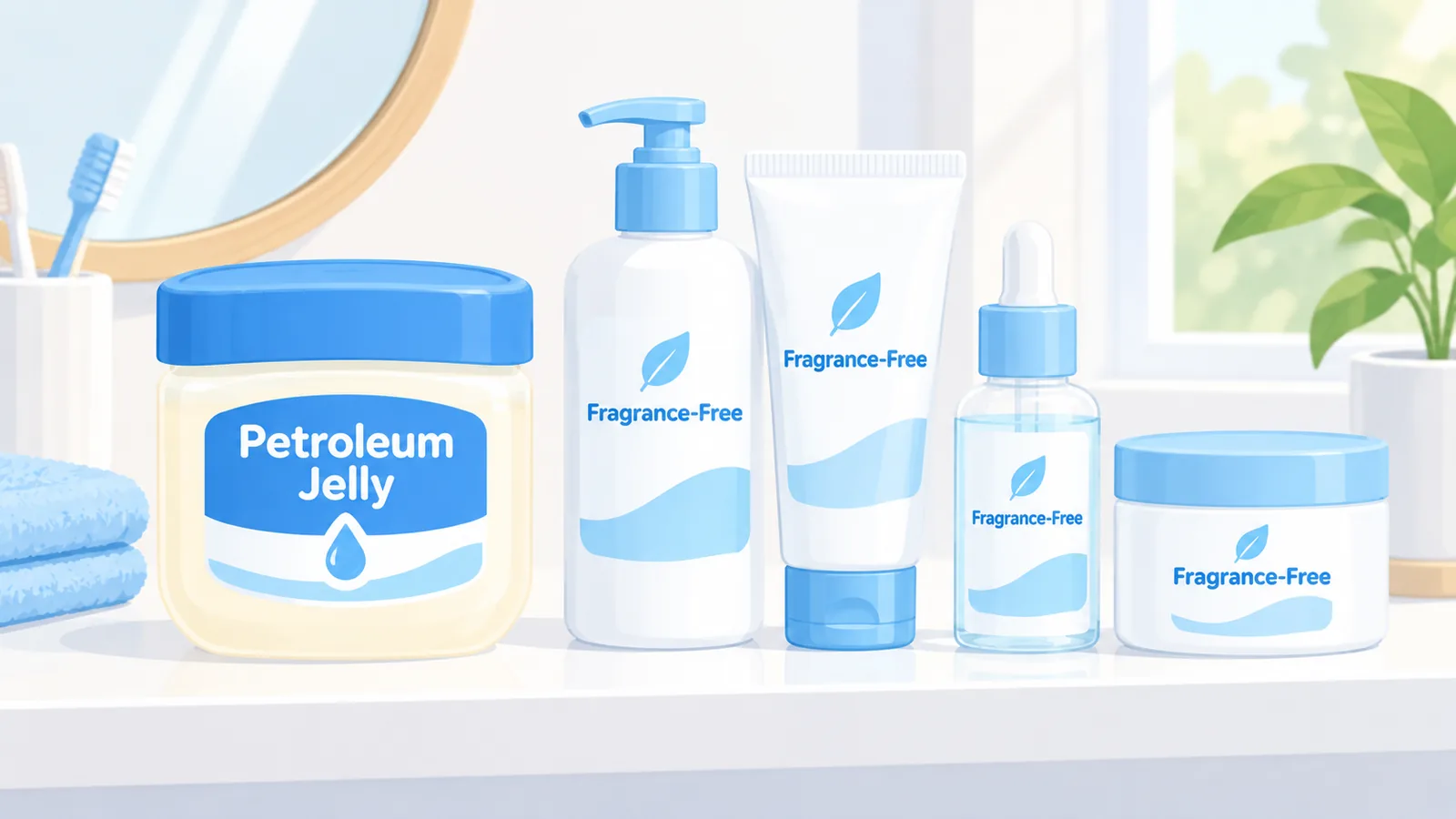 Petroleum jelly and fragrance-free skincare on a bathroom shelf