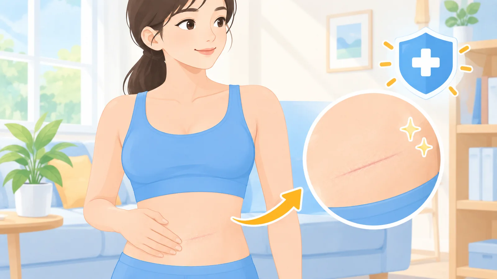Person resting a hand near a healed abdominal scar